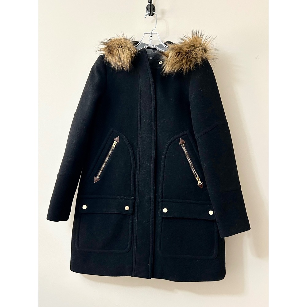 J.Crew Chateau Parka Italian Wool Faux Fur Hood Black Coat 0 B4949